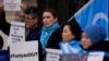 Activists and community members protest outside the British Foreign Office in London, Feb. 13, 2023. They sought a meeting with the foreign secretary to highlight concerns for their compatriots in the Chinese Xinjiang Uyghur Autonomous Region.