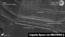 FILE - A satellite image shows Polohy with annotated trenching operations, amid Russia's invasion of Ukraine, in Zaporizhzhia region, Ukraine, April 8, 2023.