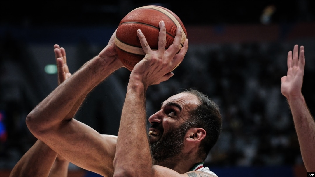 Iran's Hamed Haddadi shoots during the FIBA Basketball World Cup group P match between Iran and Lebanon at Indonesia Arena in Jakarta, Sept. 2, 2023.