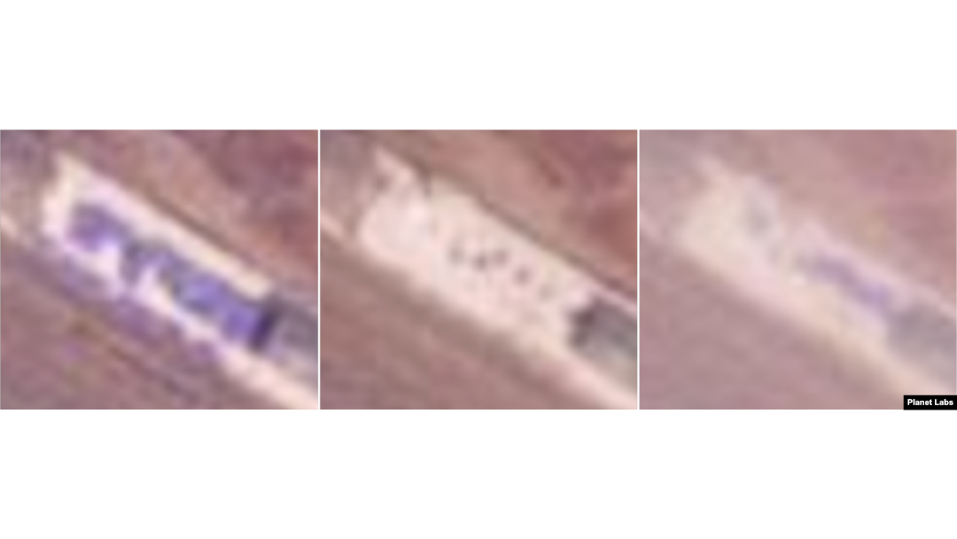 북러 접경 지역 북한 쪽 지대의 야적장에 놓인 화물의 변화. 왼쪽부터 2월 12일, 3월 6일, 3월 13일. 3월에 접어들며 크게 줄어든 화물의 양이 다시 늘어나고 있다는 사실을 알 수 있다. 사진=Planet Labs