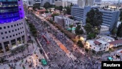 An aerial of a demonstration against Israeli Prime Minister Benjamin Netanyahu and his nationalist coalition government's judicial overhaul, in Tel Aviv, Israel May 27, 2023. 