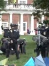 Police take down tents and detain protesters at the University of Virginia on May 4, 2024, in Charlottesville, Va. 