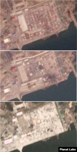 북한 남포 컨테이너 항구의 남쪽 지대를 촬영한 위성사진. 위에서 아래로 2023년과 2022년, 2021년 5월의 모습. 2023년 컨테이너의 양이 더 많다는 사실을 알 수 있다. 사진=Planet Labs