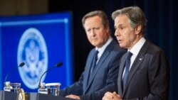 U.S. Secretary of State Antony Blinken, right, speaks during a joint press conference with visiting British Foreign Secretary David Cameron, at the State Department in Washington, April 9, 2024.