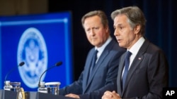 U.S. Secretary of State Antony Blinken, right, speaks during a joint press conference with visiting British Foreign Secretary David Cameron, at the State Department in Washington, April 9, 2024.