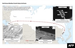 백악관은 "북한은 러시아에 컨테이너 1천개 이상 분량의 군사 장비와 탄약을 제공했다”면서, 컨테이너들이 선박과 열차를 통해 이동하는 정황이 담긴 사진 3장을 공개했다. (자료사진)