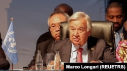 联合国秘书长古特雷斯。照片显示他2023年8月24日在南非约翰内斯堡桑顿会议中心举行的金砖国家峰会期间发表讲话。（路透社图片）