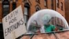 A person in costume participates in the St. Patrick's Day parade in Dublin, Ireland.