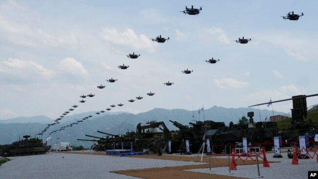 The South Korean army's drones fly during South Korea-U.S. joint military drills at the Seungjin Training Grounds in Pocheon, South Korea, May 25, 2023.