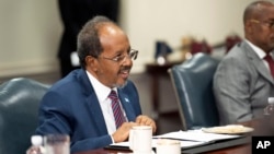 FILE - Somali President Hassan Sheikh Mohamud speaks during a meeting in Washington on June 21, 2023. Mohamud said on Sept. 16, 2023, that Somalia's new national identification system would "enhance security and address crucial national issues."