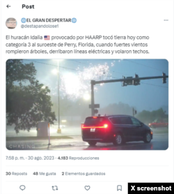 Circula en X que el huracán Idalia fue provocado por HAARP lo cual es falso.