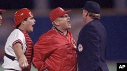 FILE - St. Louis Cardinals manager Whitey Herzog, middle, lets umpire John Shulock, right, know how he feels about Shulock's call during Game 5 of the World Series in St. Louis, Missouri, Oct. 24, 1985. Cardinals catcher Tom Nieto, left, also shares his thoughts.