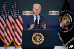 FILE - President Joe Biden speaks about the Chinese surveillance balloon and other unidentified objects shot down by the U.S. military, in Washington, Feb. 16, 2023.