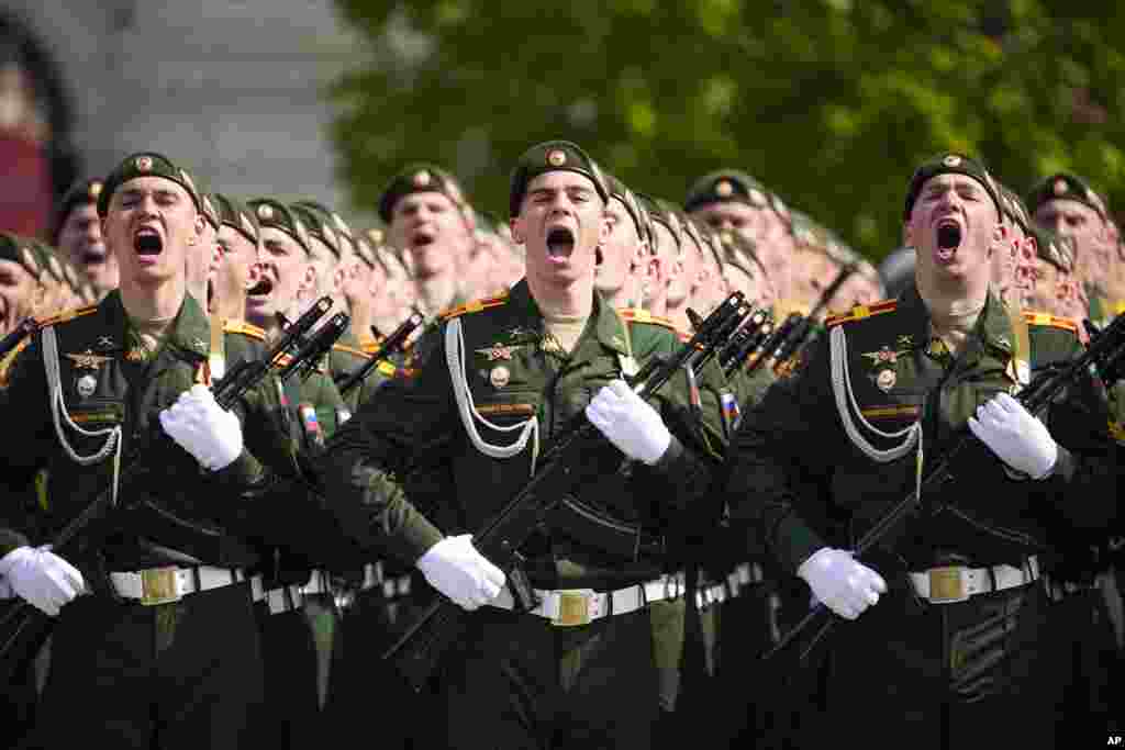 Russian servicemen march during the Victory Day military parade in Moscow, marking the 79th anniversary of the end of World War II.