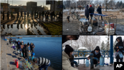После начала войны в ряде городов Украины начались перебои с водоснабжением. По часовой стрелке: Николаев (октябрь 2022), Бахмут (февраль 2023), Херсон (ноябрь 2022), Киев (ноябрь 2022).