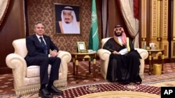 U.S. Secretary of State Antony Blinken, left, meets with Saudi Arabia's Crown Prince Mohammed bin Salman in Jeddah, Saudi Arabia, June 7, 2023. Blinken arrived in Saudi Arabia Tuesday on a trip to strengthen strained ties with the longtime ally.