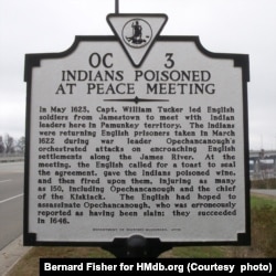 Marker at West Point, Va., showing where English soldiers served poisoned sack wine to 200 Pamonkey Indians, May 23, 1623.