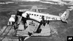 FILE - The Junkers Ju 52 aircraft Kaleva by the Finnish airline Aero is parked at Helsinki's Malmi Airport in this 1939 photo. 