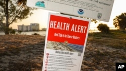 A health alert sign warns visitors to Sand Key Park of the presence of Red Tide in the surrounding water, March 9, 2023, in Pinellas County, Fla. 