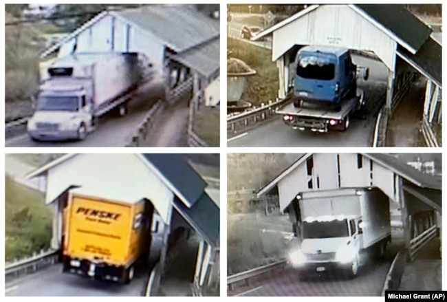 This selection of undated still frames from security video camera footage provided by Michael Grant shows oversized box trucks crashing through the historic Miller's Run covered bridge in Lyndon, Vermont. (Michael Grant via AP)