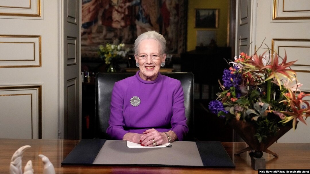 Queen Margrethe II gives a New Year's speech and announces her abdication from Christian IX's Palace, Amalienborg Castle, in Copenhagen, Denmark, Dec. 31, 2023. 