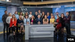 Winners of the Burke Award, the VOA Ukraine service, gathered in a studio at the Washington, DC headquartes of VOA. 