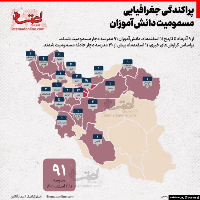 پراکندگی جغرافیایی حمله‌های شیمیایی به مدرسه‌ها در ایران