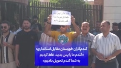 گندم‌کاران خوزستان مقابل استانداری: گندم ما را پس بدید، غلط کردیم به شما گندم تحویل دادیم