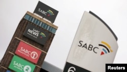 FILE - Signage and logos of channels are displayed at the South African Broadcasting Corporation, or SABC, in Johannesburg on Sept. 1, 2020. SABC is among the more than half of Africa's media that is yet to fully digitalize as of Sept. 8, 2023.