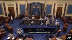In this image from Senate Television, the final vote of 63-36 shows passage of the bill to raise the debt ceiling, June 1, 2023, in the Senate at the Capitol in Washington.