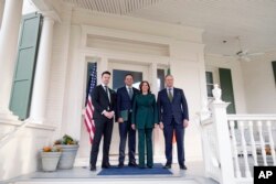 Vice President Kamala Harris and second gentleman Doug Emhoff, right, host a St. Patrick's Day Breakfast with Ireland's Taoiseach Leo Varadkar and his partner Matthew Barrett at the Vice President's residence, March 17, 2023 in Washington.