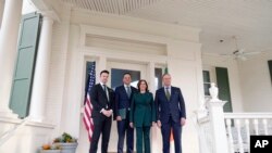 Vice President Kamala Harris and second gentleman Doug Emhoff, right, host a St. Patrick's Day Breakfast with Ireland's Taoiseach Leo Varadkar and his partner Matthew Barrett at the Vice President's residence, March 17, 2023 in Washington. 