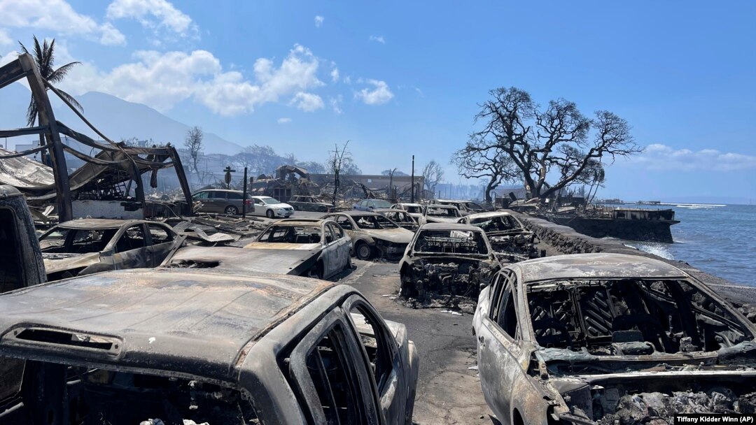 In this photo provided by Tiffany Kidder Winn, burned-out cars sit after a wildfire raged through Lahaina, Hawaii, on Aug. 9, 2023. 