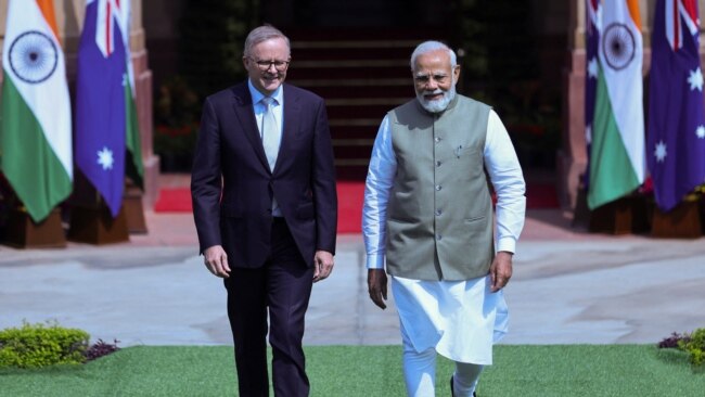 Australian Prime Minister Anthony Albanese and his Indian counterpart Narendra Modi arrive to attend a photo opportunity ahead of their meeting at Hyderabad House in New Delhi, India, March 10, 2023.