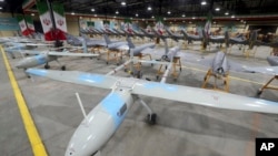 FILE - Iran-made drones are displayed in this picture released by the official website of the Iranian Army on April 20, 2023. (Iranian Army via AP)
