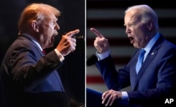 A photo taken in Columbia, South Carolina, shows former U.S. President Donald Trump (left) on February 24, 2024, and current U.S. President Joe Biden on January 27, 2024.