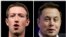 Foto Achiv: konbinezon imaj PDG Facebook Mark Zuckerberg (a goch) epi PDG Tesla, Space X ak X (Twitter) Elon Musk. 