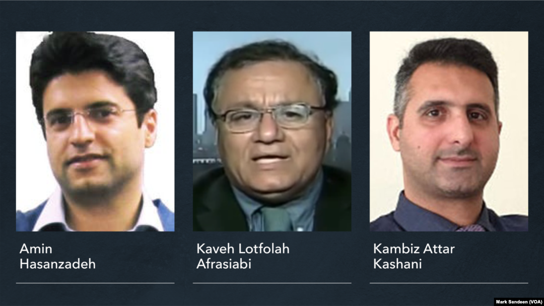 FILE — Amin Hasanzadeh, in a screenshot from social media; Kaveh Lotfolah Afrasiabi, courtesy of VOA; and Kambiz Attar Kashani, in a screenshot from social media, are seen in this compilation photo created Sept. 19, 2023.