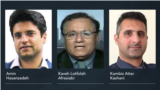 FILE — Amin Hasanzadeh, in a screenshot from social media; Kaveh Lotfolah Afrasiabi, courtesy of VOA; and Kambiz Attar Kashani, in a screenshot from social media, are seen in this compilation photo created Sept. 19, 2023. 