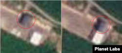 서해위성발사장의 5월 22일(왼쪽)과 23일(오른쪽) 모습. 이동식 조립 건물(원 안)이 원래의 위치로 되돌가가고, 주변의 자재도 치워진 모습이 보인다. 사진=Planet Labs.