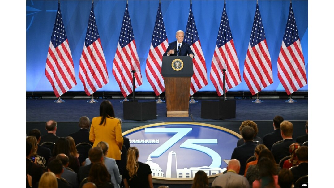 Presiden AS Joe Biden berbicara dalam konferensi pers pada penutupan KTT NATO ke-75 di Walter E. Washington Convention Center di Washington, DC pada 11 Juli 2024. (Foto: AFP)