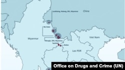 资料图片：联合国的一份报告显示的柬埔寨、老挝和缅甸的相关特区内已知赌场、被举报或被突袭的诈骗窝点的位置。