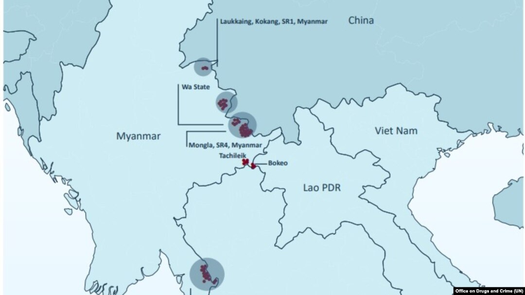 Lokasi kasino yang diketahui, kompleks yang dilaporkan atau digerebek terkait dengan zona khusus di Kamboja, Laos, dan Myanmar, menurut laporan PBB.