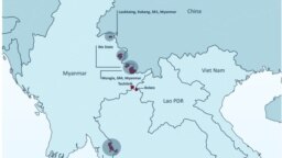 Lokasi kasino yang diketahui, kompleks yang dilaporkan atau digerebek terkait dengan zona khusus di Kamboja, Laos, dan Myanmar, menurut laporan PBB.