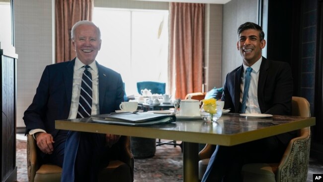 FILE - President Joe Biden meets with Britain's Prime Minister Rishi Sunak on April 12, 2023, in Belfast, Northern Ireland.