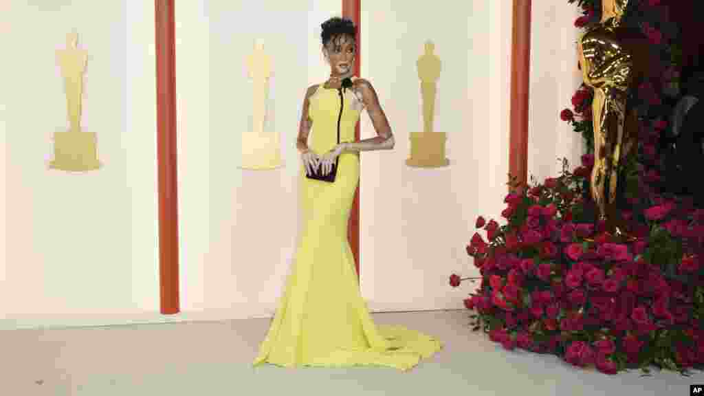 Winnie Harlow arrives at the Oscars on Sunday, March 12, 2023, at the Dolby Theatre in Los Angeles. (Photo by Jordan Strauss/Invision/AP)