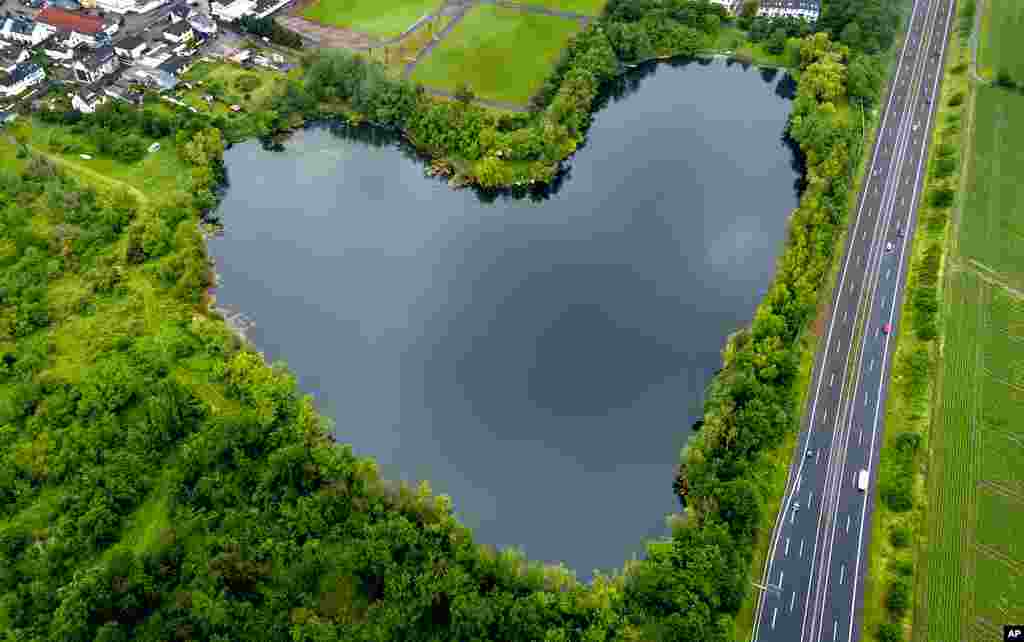 An areal view of the lake in the form of a heart in Rodgau, near Frankfurt, Germany.