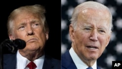 FILE - This combination of photos shows former President Donald Trump, left, at an event in Minden, Neveda, Oct. 8, 2022, and President Joe Biden, right, at an event in Hagerstown, Maryland, Oct. 7, 2022.