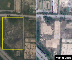 개성공단 인지컨트롤스 소유 부지의 2022년(왼쪽)과 2024년 6월 비교 장면. 방치된 공간(사각형 안)에 정지 작업이 이뤄졌다. 사진=Planet Labs