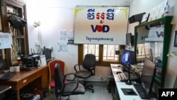 The recording studio at the office of online media outlet Voice of Democracy (VOD) is pictured in Phnom Penh, Feb. 13, 2023, after Cambodian Prime Minister said VOD would have its operating license revoked.